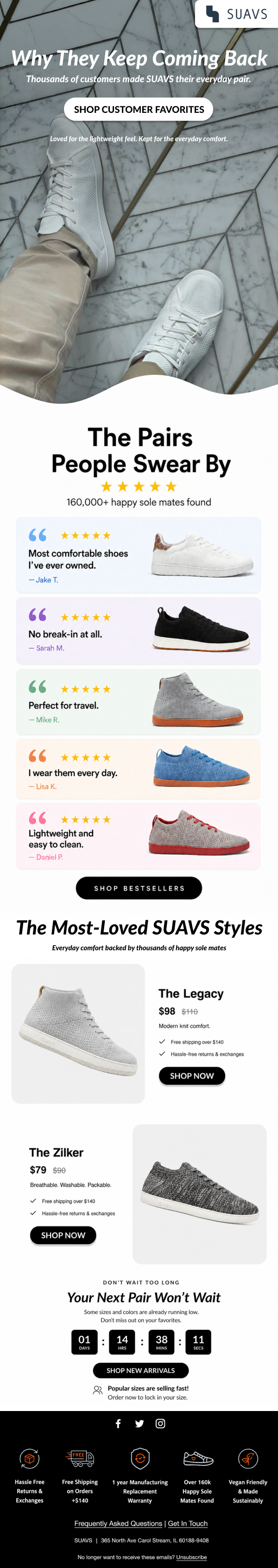 Customer reviews email design for a footwear brand — CopySharks